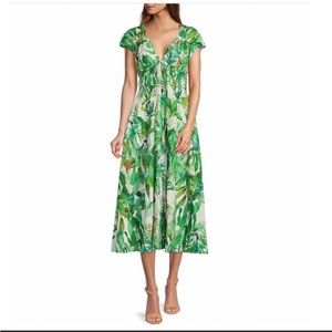 NWT Antonio Melani Victoria
Tropical Print Poplin V-Neck Cap
Sleeve Midi Dress